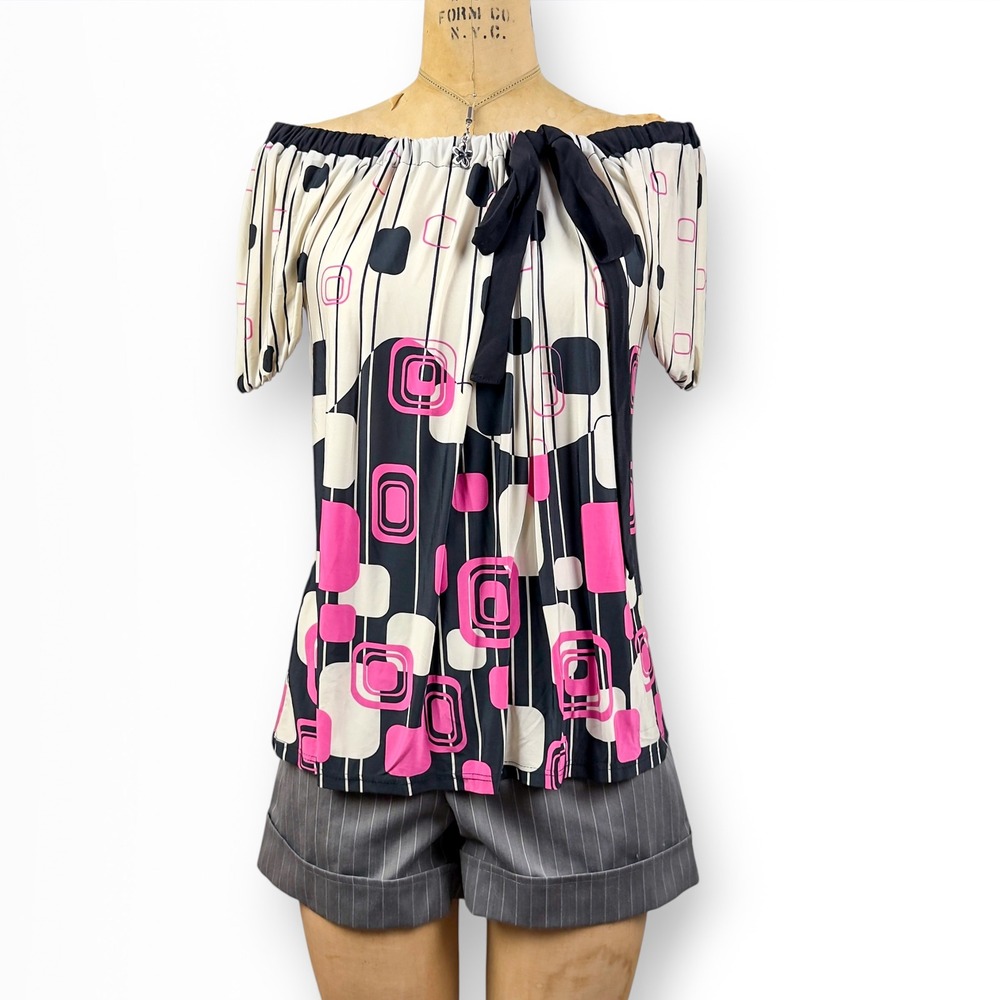Vintage Mod Geometric Print Off Shoulder Top Bow Tie Retro 70s Maximalist Size S